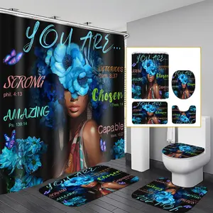 Black African Flower Woman Shower Curtain Set, Blue Art Words Bathroom Set with Shower Curtain, Rugs, Toilet Lid Cover, Bath Mat, Waterproof Fabric Shower Curtain with Hooks for Bathroom