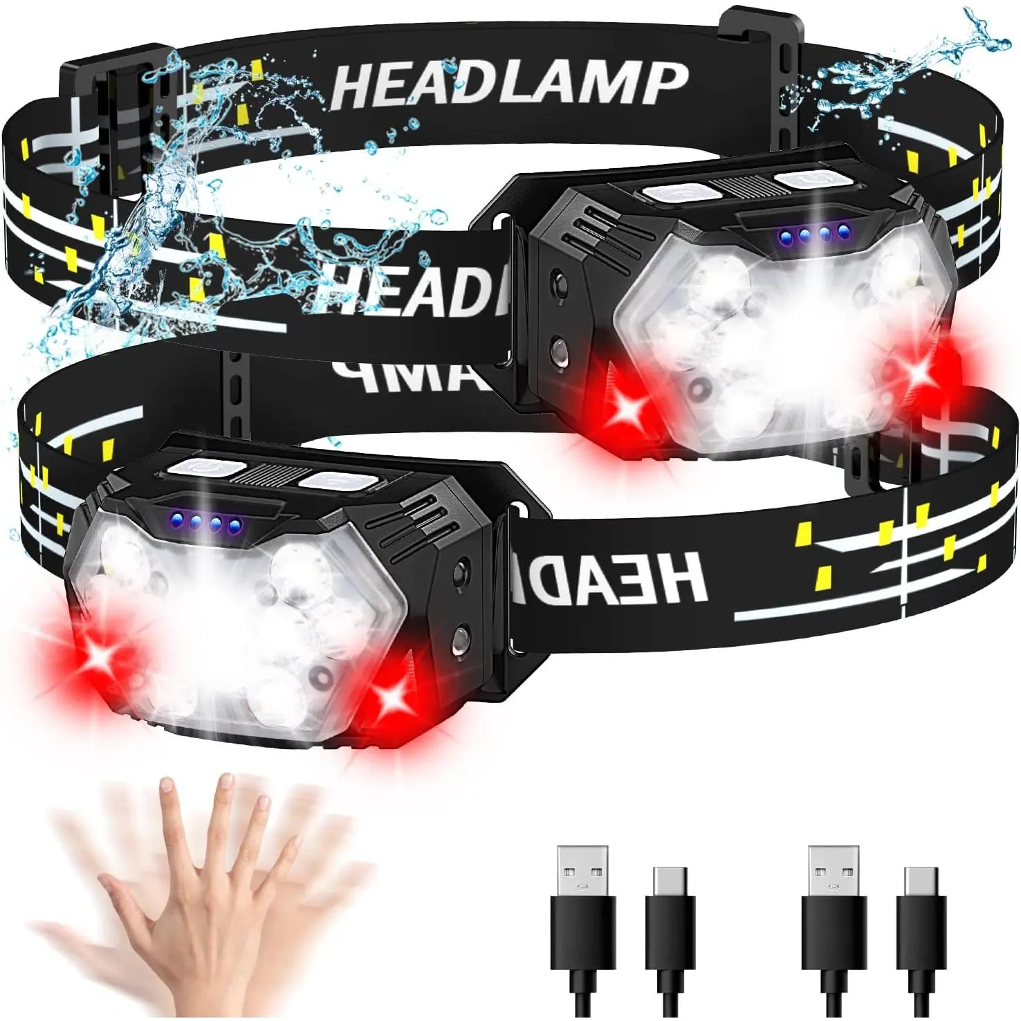 9 LED Headlamp Rechargeable 2 Pack 2000 Lumens with Red Light, 10 Modes, Motion Sensor & Adjustable IPX5 Headlight for Camping, Hiking, and Running