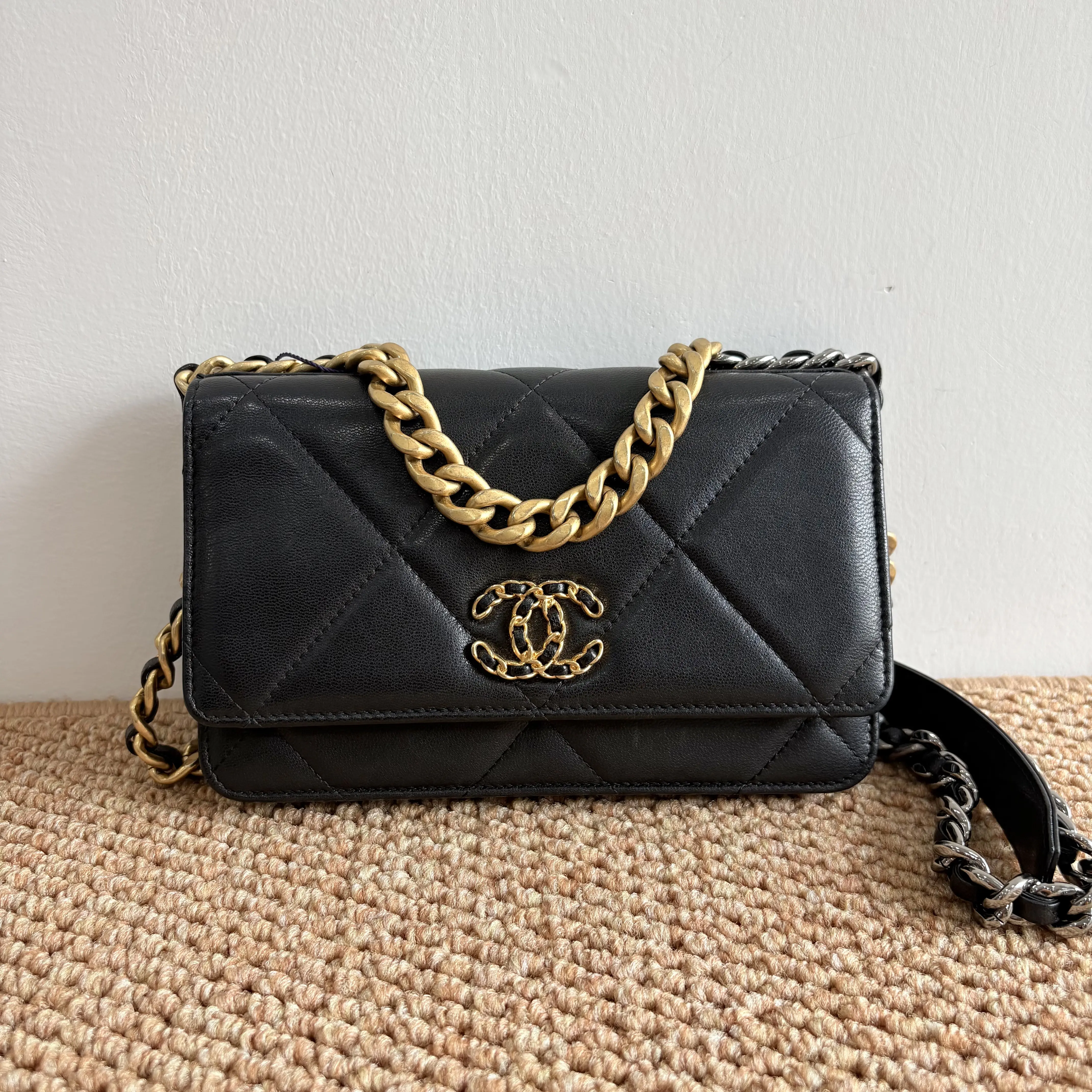 Pre-owned CHANEL 19 WOC Black Gold Quilted Lambskin Top Handle Chain Crossbody Bag