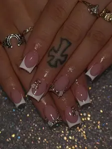 24Pcs Long Square Press On Nails White French Tip Rhinestone & Summer Flowers Decorated Elegant Full Cover For Women Girls Glossy ABS Material Nail Supplies