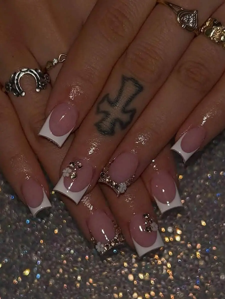 24Pcs Long Square Press On Nails White French Tip Rhinestone & Summer Flowers Decorated Elegant Full Cover For Women Girls Glossy ABS Material Nail Supplies