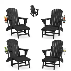 Gaomon 4-in-1 Folding HDPE Adirondack Chair 4-Pack, with Retractable Ottomans, Cup Holder, Widened Arms & Pre-Assembled Setup, All-Weather Outdoor Rocking Chairs for Lawn, Porch