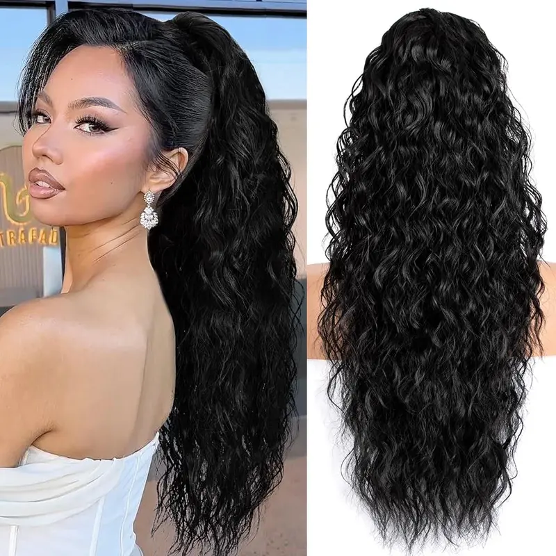 Women's 26" Black Claw Clip Drawstring Curly Ponytail Extension - Strong Hold, Heat-Resistant Synthetic Pieces, Pigtail & Pre-Styled Options, Clip-In Hair Solutions for Daily Use Ponytail Hairstyles, Tinsel Kit
