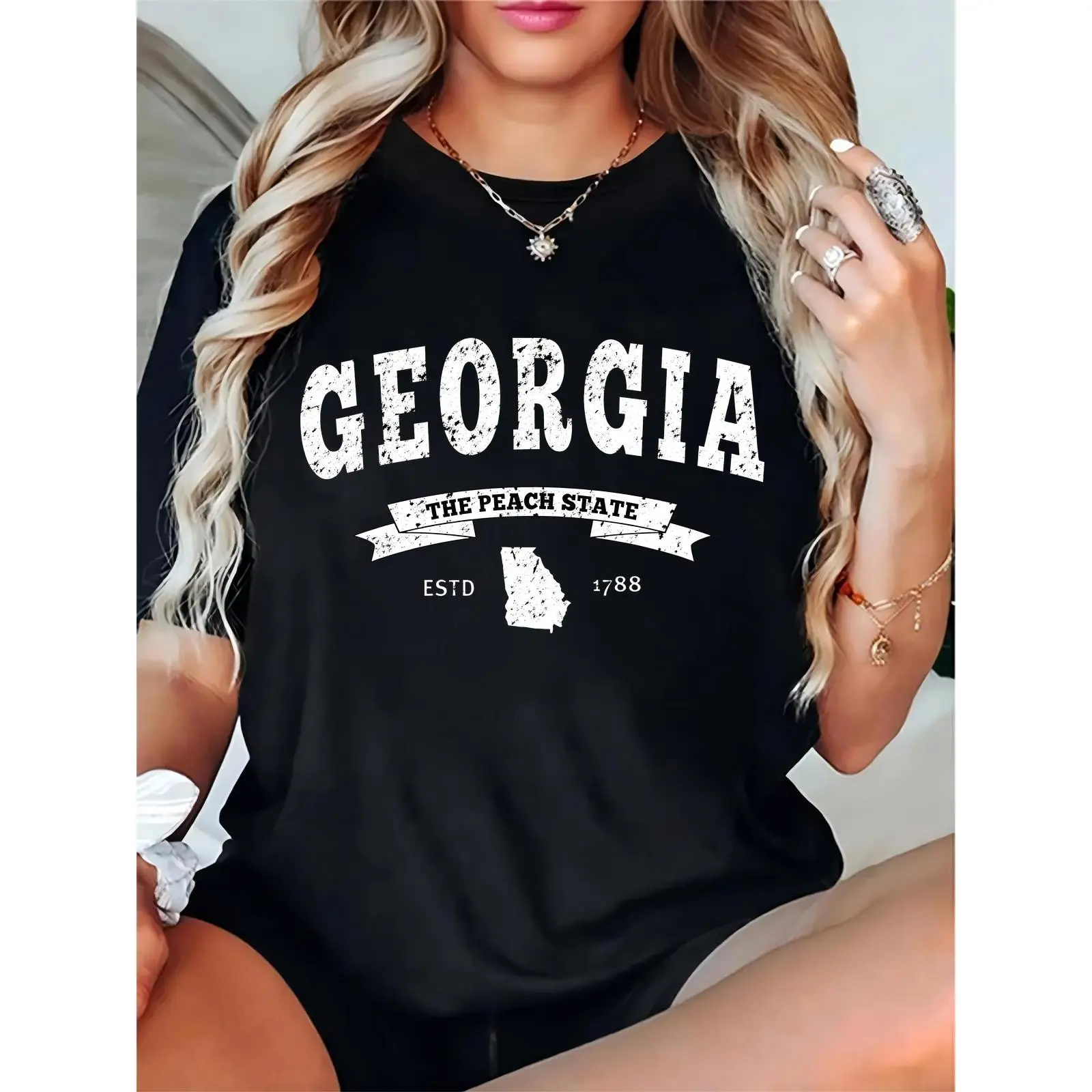 Women's Georgia "The Peach State" ESTD 1788 Graphic T-Shirt | Black Vintage State Map Print Casual Tee for Georgia Pride, Daily Wear, State-Themed Events