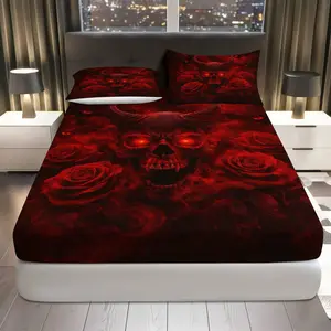 3Pcs Gothic Skull Rose Fitted Sheet Three Piece Set (1*Fitted Sheet+2*Pillowcases, Coreless), Halloween theme, Dark Red Bedding Set, Mattress protector Soft, Breathable