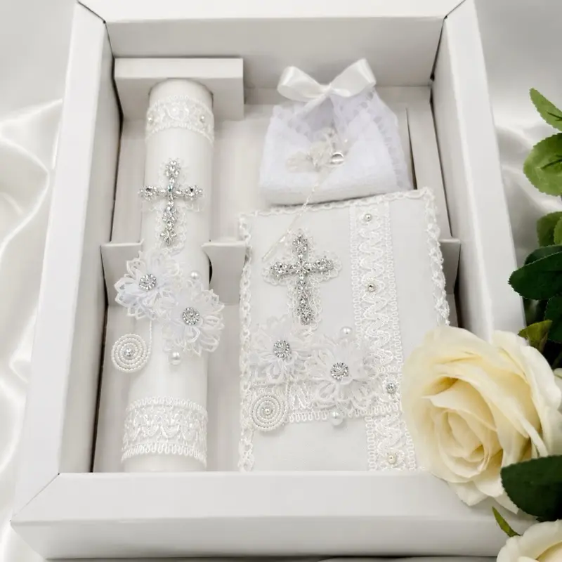 5pcs Traditional Elegant 8 inches Baby Baptism Candle Set - Candle, Rosary, New Testament, Decorative Pieces in Box, English & Spanish White (Baptism Party Decoration, Gift for Boys & Girls)