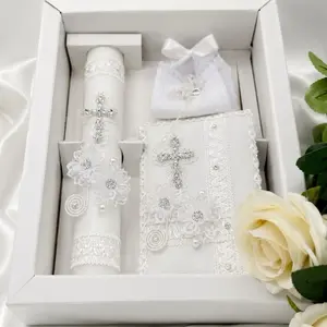 5pcs Traditional Elegant Baby Baptism Candle Set - 8in Candle, Rosary, New Testament, Decorative Elements & Ornaments in Box for Boys, Girls (English & Spanish, White)