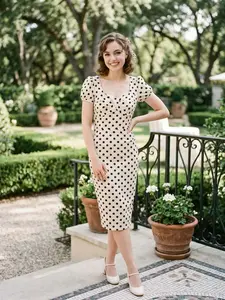 Beige 1960s Polka Dot Square Neck Puff Dress Casual Womenswear