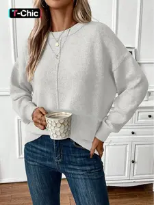 Women's Fall Winter Casual Fitted Knit Sweater, Round Neck Long Sleeve Pullover, Fashionable Simple Style, Versatile & Elegant Design Womenswear