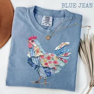 Comfort Colors Vintage Easter Faux Patchwork Chicken Graphic Shirt, Rustic Farmhouse Hen Spring Tee, Country Style Easter Outfit Gift for Women, Printed Shirt - TrendWear USA