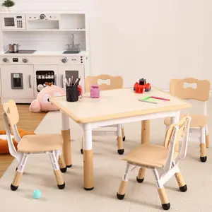 【Christmas Deal】GARVEE Adjustable 4-Seat Table and Chairs Set with Arts & Crafts Graffiti Desktop, Non-Slip Design, Supports Up to 300lbs, Perfect for Classrooms, Daycares & Homes, Available in Beige, Grey, Green, Light Blue