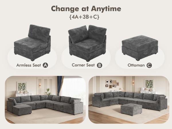 【DIY Combination】Ovios Modular Sectional Sofa, Mix and Match Pieces for Living Room, Comfy Cloud Couches with Movable Ottoman, L/U-Shaped Flexible Configuration, Plush Corduroy - 400 lbs Seat Capacity
