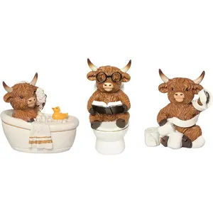 Highland Cow Bathroom Decor, Highland Cow Gifts for Women, Cow Figurine with Bathtub/Toilet/Tissue, Xmas Rustic  Ornaments Statue for Farmhouse Kitchen  Table Christmas Decoration