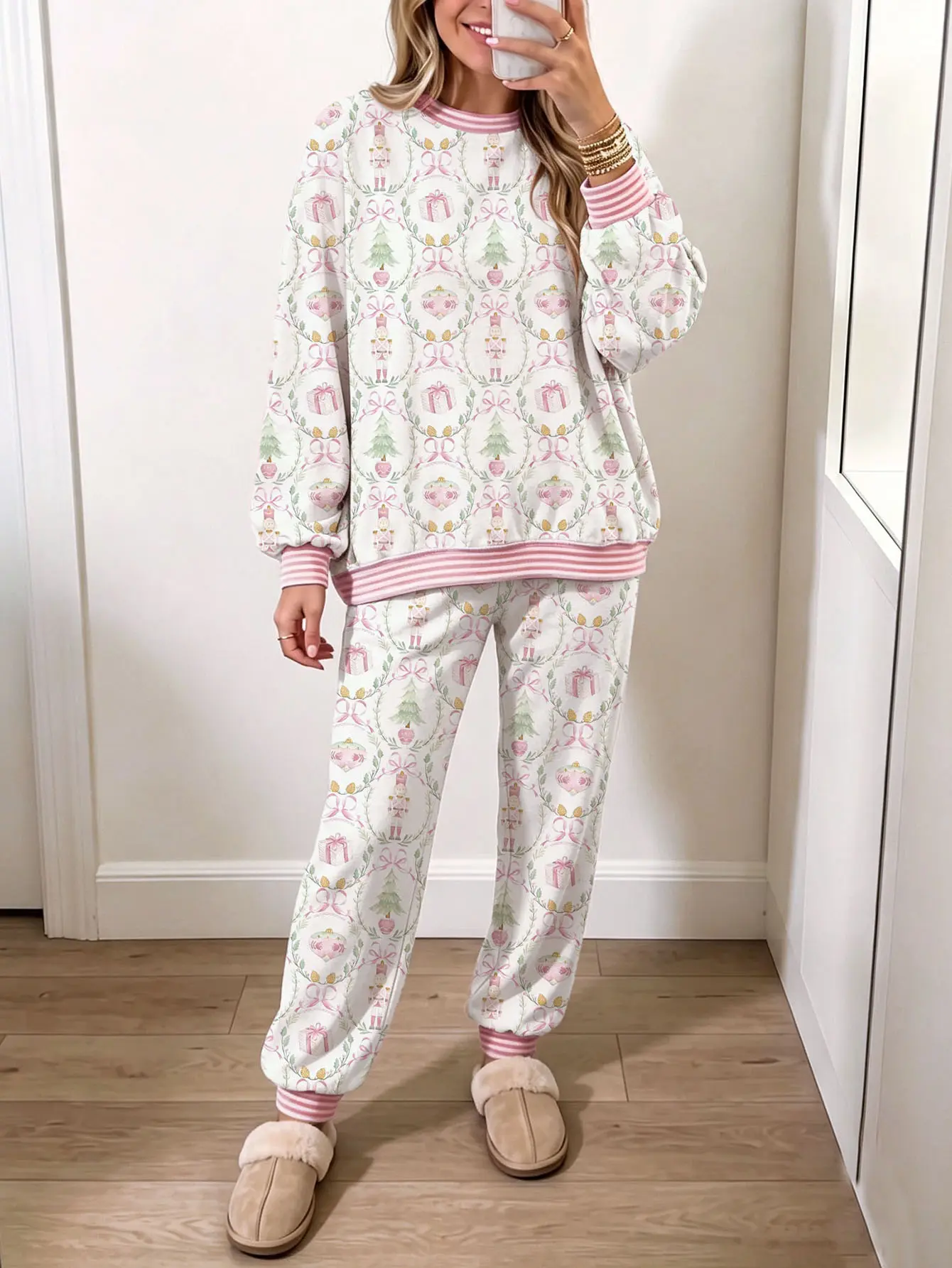 Women's Chic 2-Piece Christmas Nutcracker Print Milk Silk Pajama Set - Festive Pink Ribbon Matching Cuffed Joggers Loungewear, Cozy Winter Sleepwear