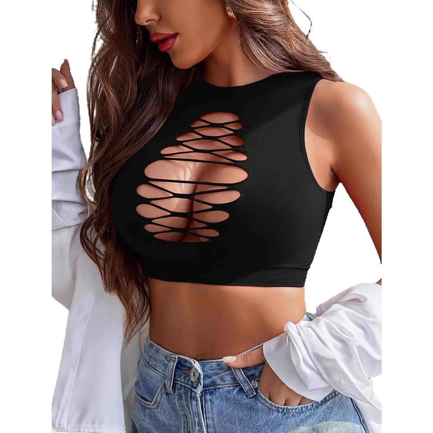 Women's Sexy Crop Top in Fishnet Fabric, a Sleeveless Hollow-Out Mini with Side Cut-Outs for Clubwear