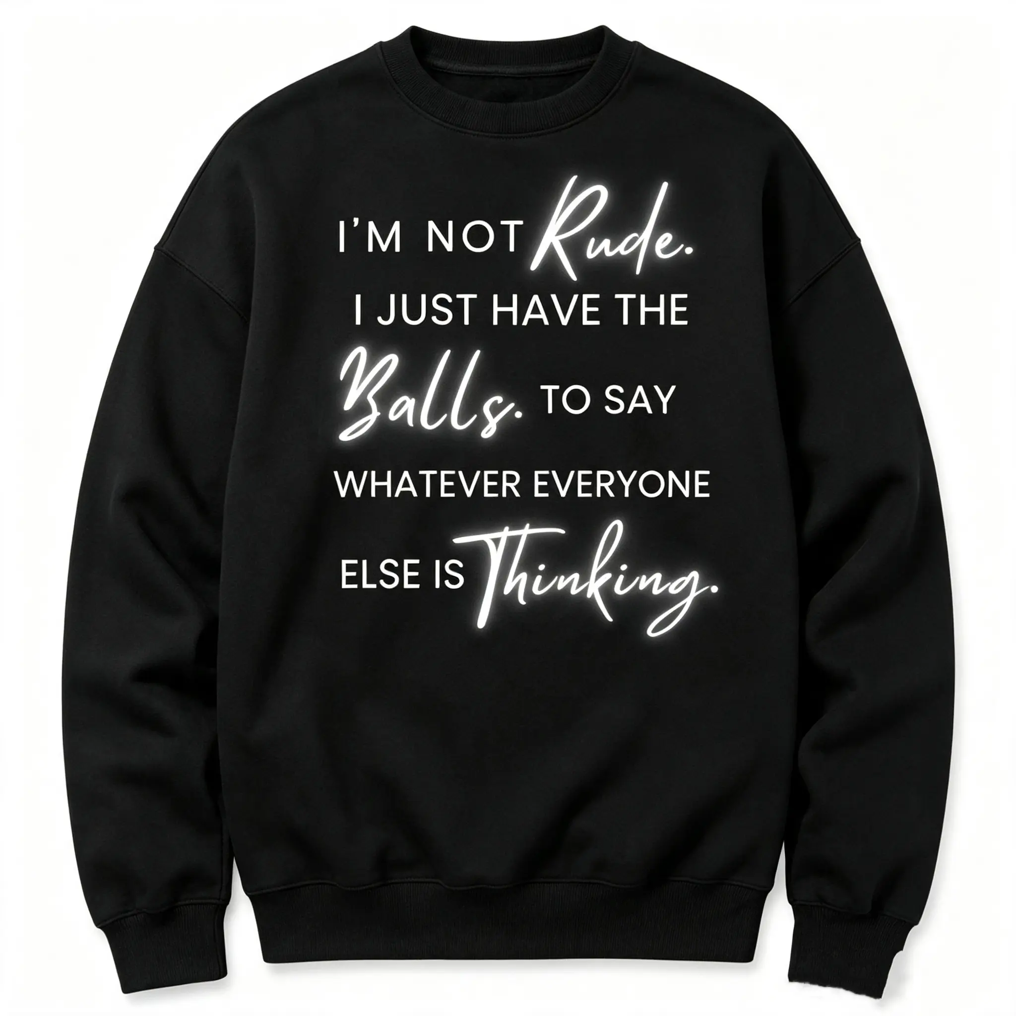 Unisex plus-size crew neck sweatshirt for men and women, "I'm Not Rude" letter graphic pullover, casual loose fit long sleeve crewneck sweatshirt for back-to-school season, trendy aesthetic streetwear hip hop oversized top for couples