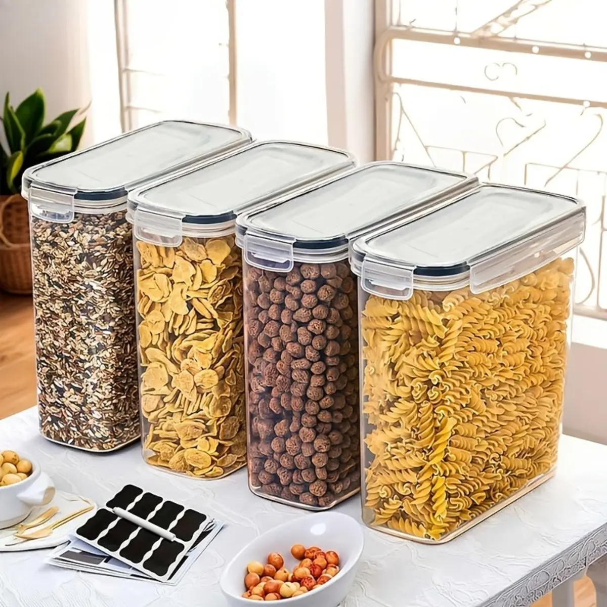 4 Piece Clear Cereal Storage Container Set 2L/70.4oz Airtight Food Canisters with Black Clip Lock Lids, Plastic Pantry Storage Boxes for Sugar, Salt, Flour, Pasta, Oats, Pet Food, Dry Snacks Organizer Food Storage Containers