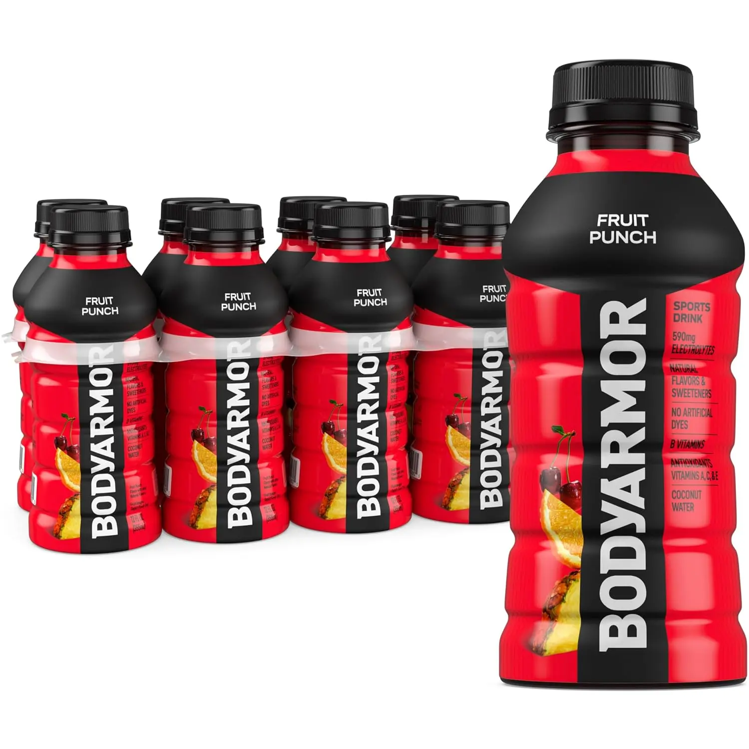 BODYARMOR Sports Drink, Fruit Punch, Electrolyte Drink Hydration, 12 Fl Oz Bottles (8 Pack), Flavored Coconut Water with B Vitamins & Antioxidants | Coconut Water Hydration Drink, Flavored Water Sport Beverage, 590mg Electrolytes