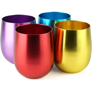 Aluminum Stemless Wine/Old Fashion Glass, Set of 4, 4-Color in a Set (Purple/Blue/Pink/Gold), (21oz/16oz available) (Large)