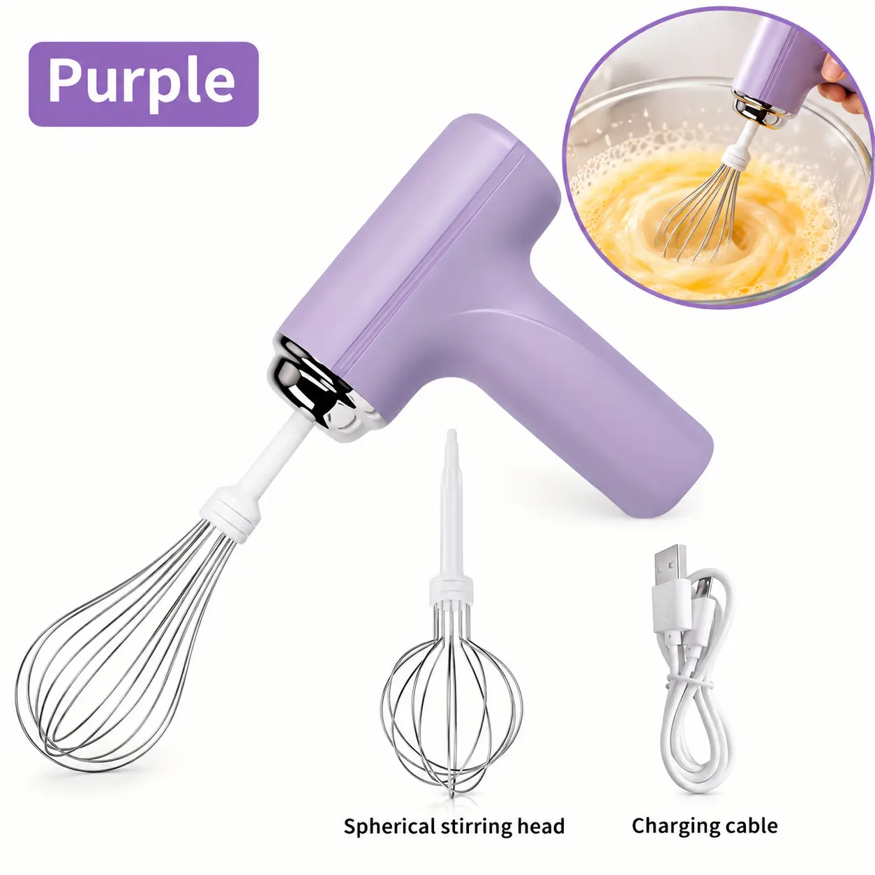 Cordless Electric Food Mixer - 3-Speed USB Rechargeable Kitchen Hand Mixer with 2 Detachable Heads, Mini Size Handheld Grip Egg Beater for Camping Picnic Home Baking
