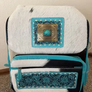 Cowhide Backpack with Belt Buckle Concho - Turquoise and Black Design