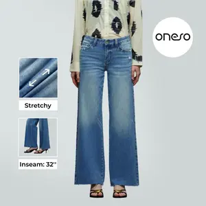 ONESO Vintage Casual Streetwear Stretchy Wide Leg Jeans – Distressed Raw Hem, Mid-Low Waist, BBL Baggy Denim Pants, Perfect New Year’s Gift