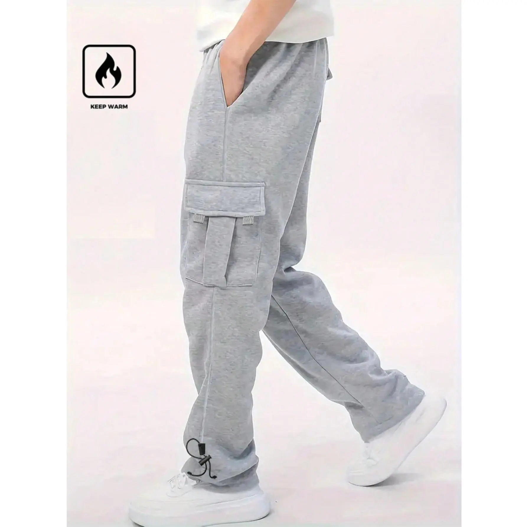 Men's fleece warm workwear casual sweatpants Multi pocket drawstring ankle cuffs with plush sweatpants Winter plush thick loose straight work pants