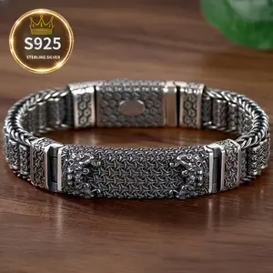 S925 Sterling Silver Dragon Head Bracelet for Men, Retro Woven Link Silver Chain, Vintage Masculine Jewelry for Daily Wear & Gifting