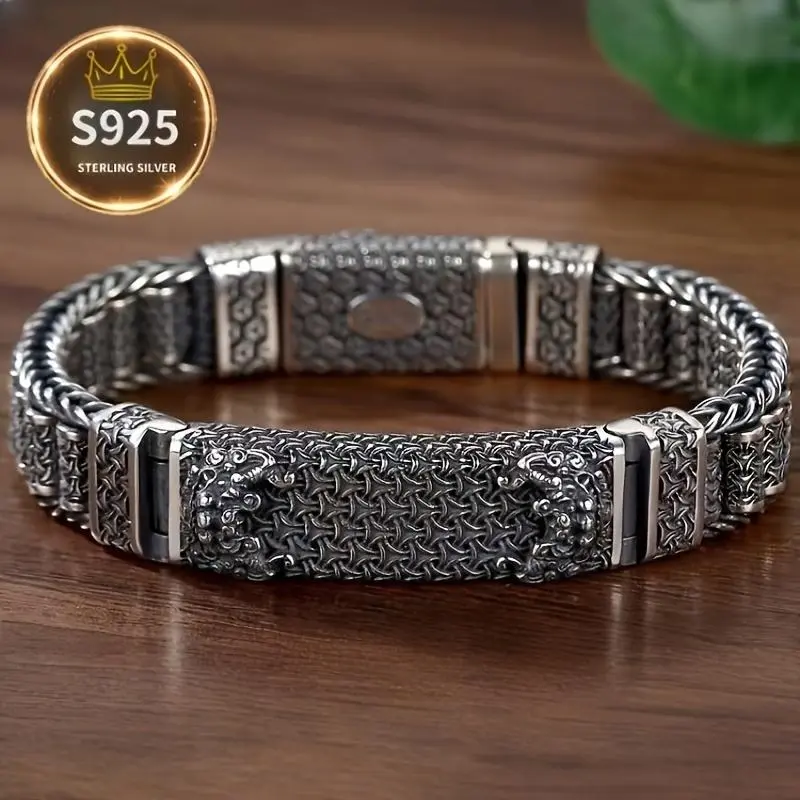 S925 Sterling Silver Dragon Head Bracelet for Men, Retro Woven Link Silver Chain, Vintage Masculine Jewelry for Daily Wear & Gifting, Durable Jewelry, Secured Snap Lock Clasp