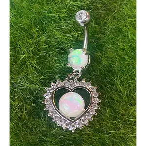 Opal Glitter Center Crystal Heart Dangle Belly Button Ring Navel Naval