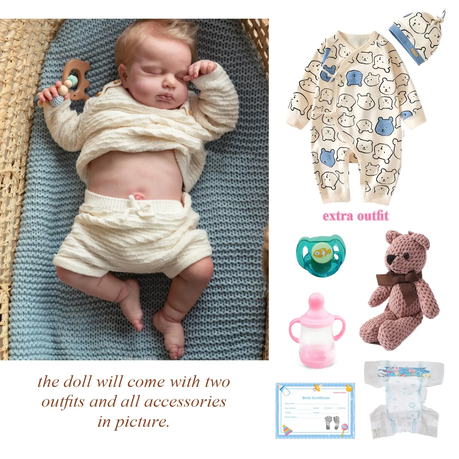20in Realistic Newborn Baby Reborn Dress Up Doll - Full Body Poseable Boy with Hand-Rooted Hair, Poseable Arms, Accessories, Soft Cuddly Gift for Kids’ Pretend Play, Baby Showers Real Life Doll Stuffed Doll
