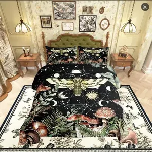 Feelyou Multi-Size Polyester Fiber Watercolor Mushroom Print Bed Comforter Set - Wild Jungle Plants, Moth Skull, U-Stitching, Super Soft Bedding for Kids, Travel-Ready