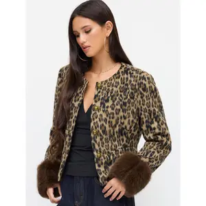 Cider Wool-look Leopard Long Sleeve Faux Fur Trim Metal Button Jacket