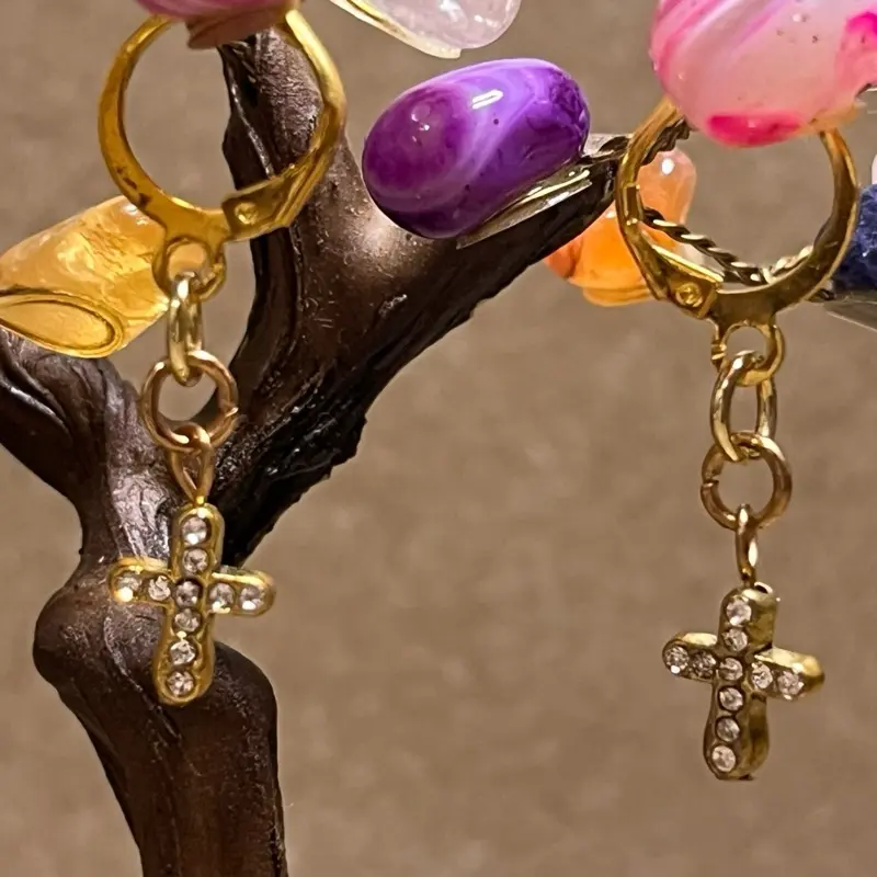 Gold Diamond Cross Earrings with Colorful Beads and Sparkling Diamond Accents