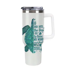40oz Insulated Stainless Steel Tumbler with Handle, Sea Turtle Ocean Quote Print Travel Mug, "Into The Ocean I Go" Inspirational Drink Cup, Leakproof Water Bottle for Beach Lovers and Summer Vacation