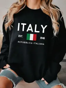 Women's Italy Flag & Letter Print Drop Shoulder Sweatshirt, Casual Long Sleeve Round Neck Pullover for Fall & Winter, Ladies Clothes for Daily Wear
