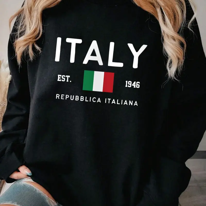 Women's Italy Flag & Letter Print Drop Shoulder Sweatshirt, Casual Long Sleeve Round Neck Pullover for Fall & Winter, Ladies Clothes for Daily Wear, Tops