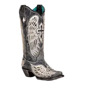 Corral Ladies Black Cross & Wings Overlay & Studs Grey Boots A4232