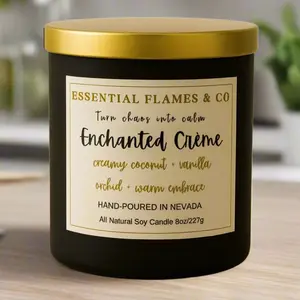 Essential Flames & Co Enchanted Crème 8oz Candle - Creamy Coconut Vanilla Orchid Warm Embrace Hand Poured in Nevada All Natural Soy Wax