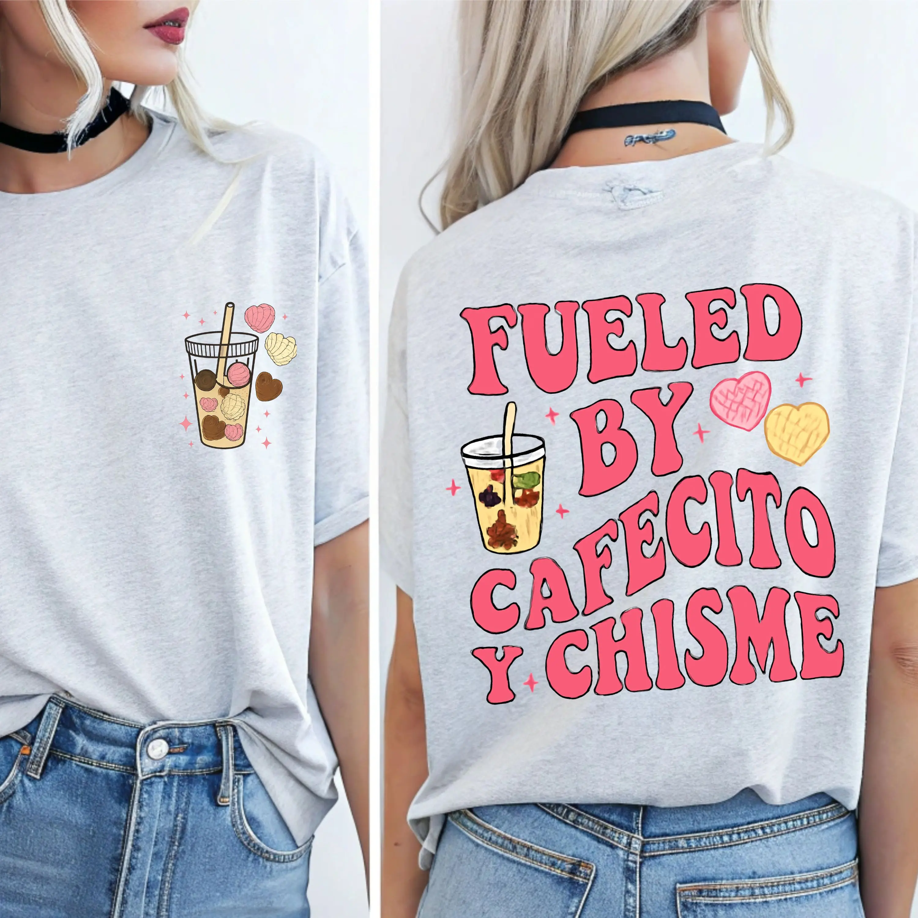 Cafecito & Chisme T-Shirt - Unisex Summer Tee with Retro Lettering & Doodles for Coffee Lovers & Latina Queens