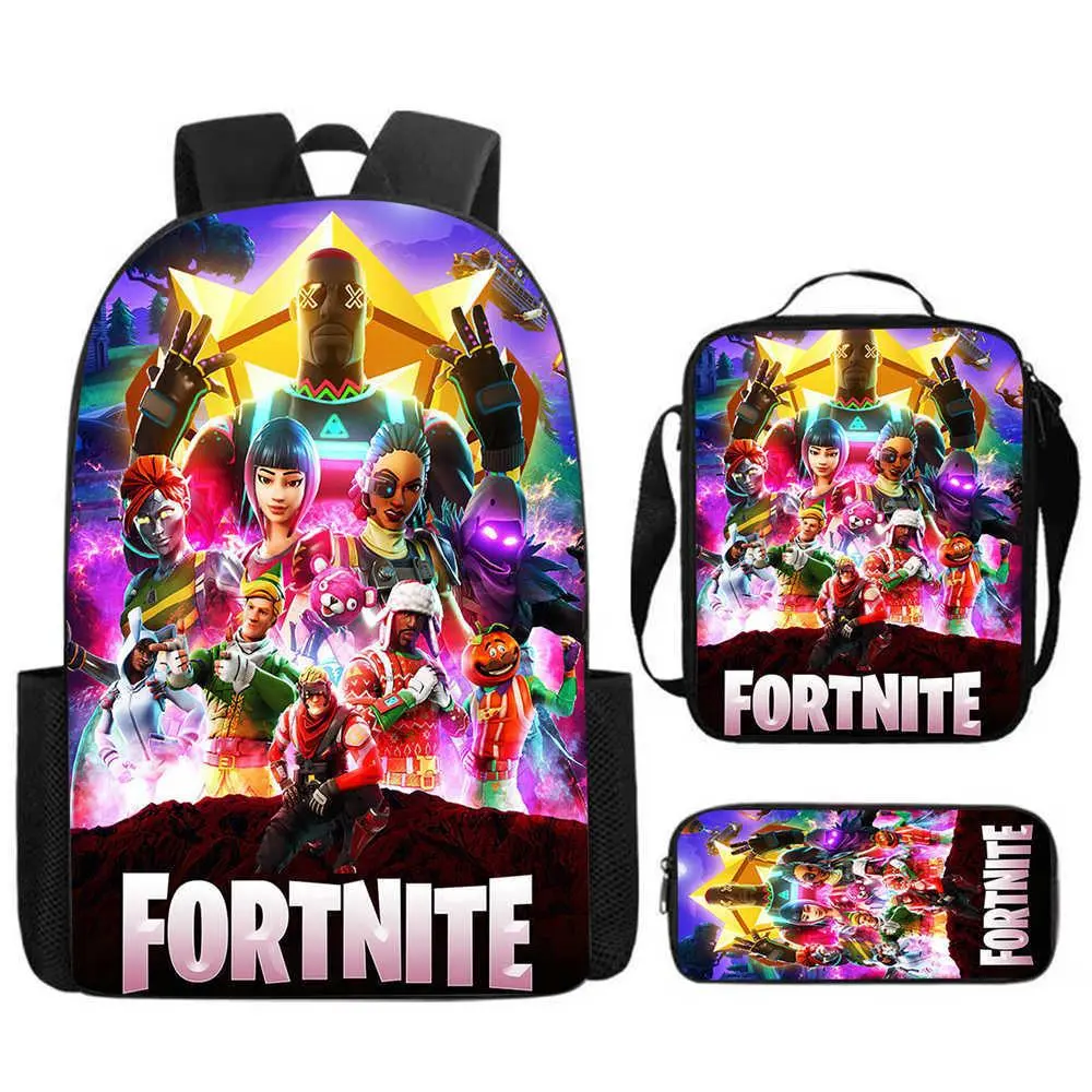 3 In 1 Fortnite Full Character Print Backpack Set, Kids Game Oxford School Backpack Insulated Lunch Bag Pencil Pouch Kit