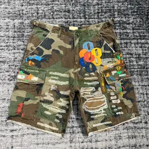 Summer Fashion Camouflage Splicing Leather Letter Washed Retro Knee Jeans Men Women Shorts Menswear Trouser