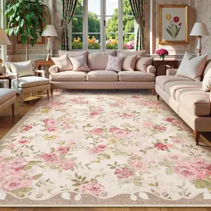Lahome Vintage Floral Area Velvet Rugs,Soft Living Room Velvet Rugs Boho Large Area Velvet Rug Machine Washable, Low Pile Pink Velvet Rugs for Bedroom Carpet for Nursery Rug Playroom Dining Room