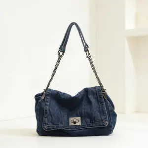 Distressed Blue Denim Hobo Bag - Casual Chain Strap Shoulder Purse with Turn-Lock Flap
