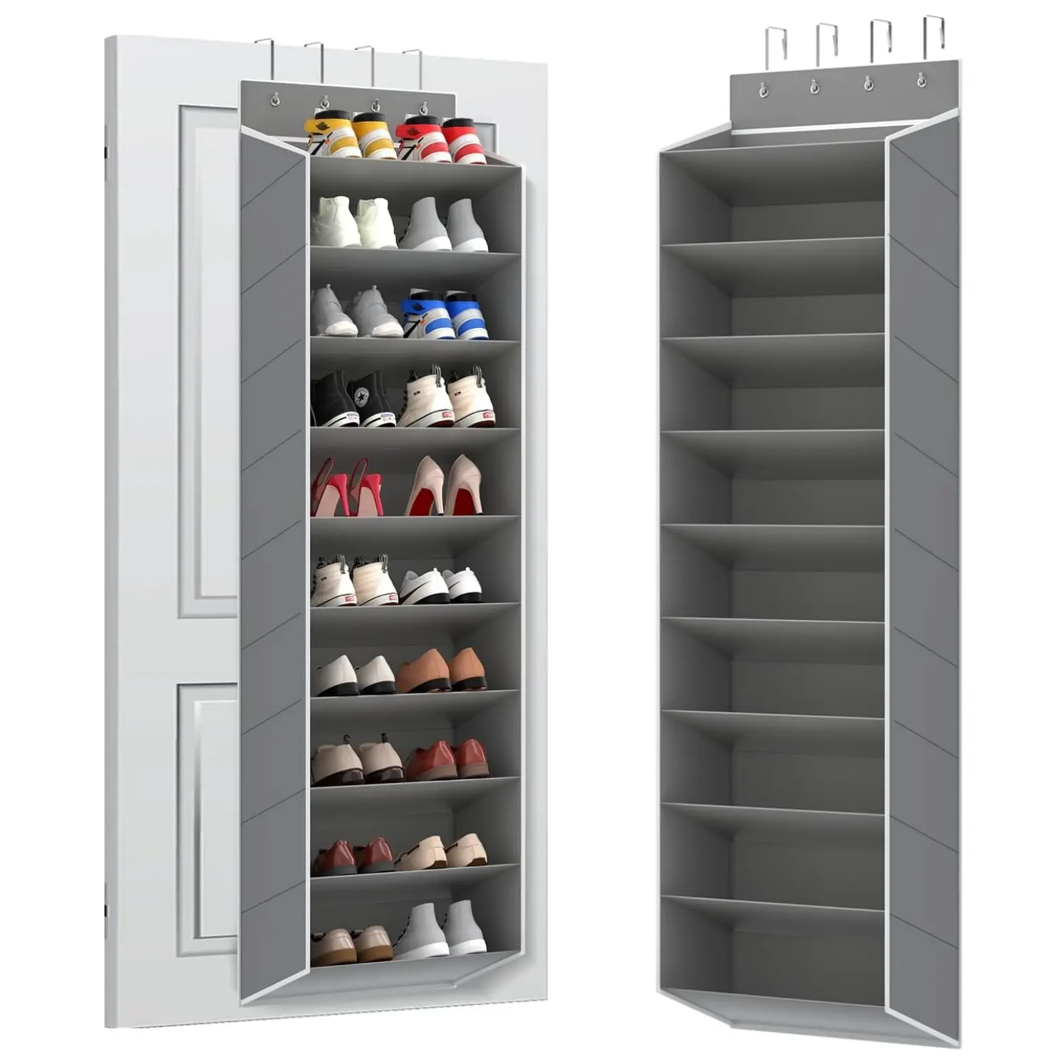 10-Tier Large Over-the-Door Shoe Rack Organizer, Hanging Storage with Deep Pockets, Fits 20-30 Pairs of Sneakers and Boots (Grey)