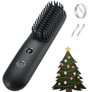 Black LED Portable Cordless Straightener Brush 2 in 1 Curling & Straightening Iron USB Rechargeable for Home Office, School, and Travel Use