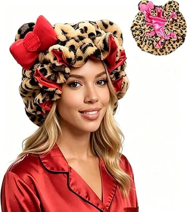 Leopard Print Pink Teddy Bear Ear Satin Lined Sleep Bonnet, Ultra Cozy Night Sleep Cap Helps Reduce Breakage Anti Frizz