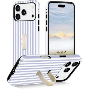 Jusy Stripes Phone Case for iPhone 17 Pro Max, Finger Hand Strap Kickstand, Shockproof Soft TPU Protective Cover, Blue and White for Women Girls