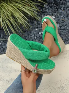 Women's Soft Terry Wedge Thong Sandals - Espadrille Platform Flip Flops for BeachCasual Women's Espadrille Wedge Flip Flops - Terry Cloth Platform Sandals, Pink/Green/White/Black