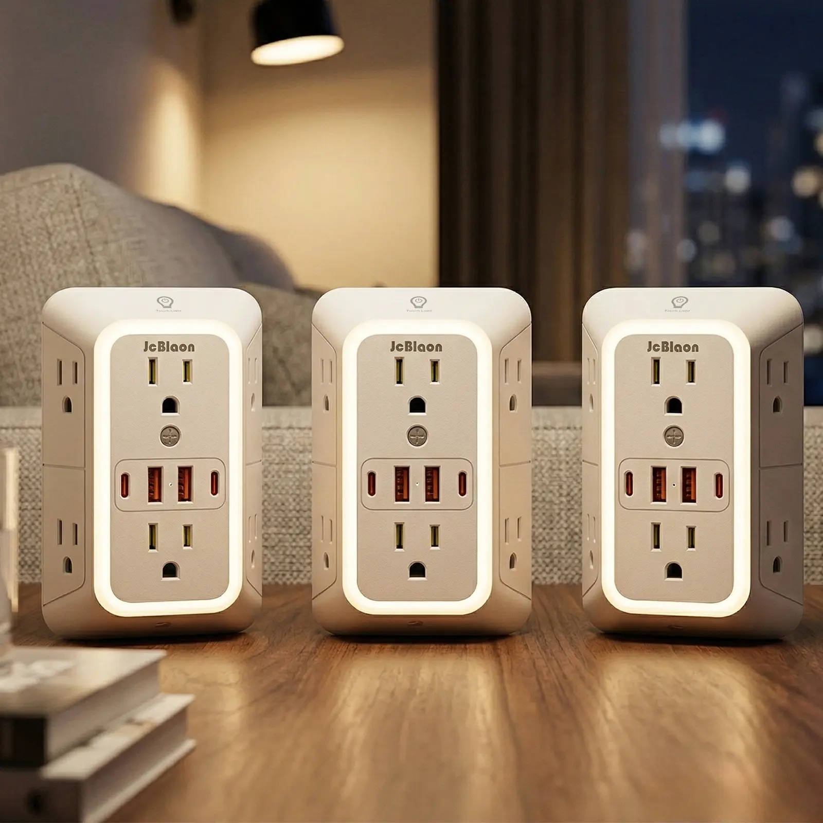 Wall Charger, Outlet Extension, 10-In-1 Multi Plug Outlet Extender with Night Light, 6 Wide AC Outlets And 4 USB Ports (2 Type-C), 3-Sided 1050J Power Strip Multi Plug Adapter for Home Travel Office